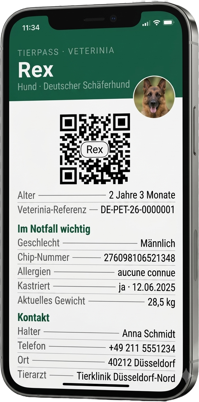 Veterinia Tierpass auf dem Smartphone — Foto, QR-Code und Notfall-Infos